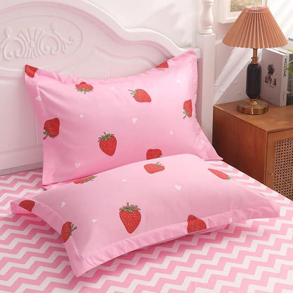 Strawberry Comforter Bedding Set Twin Size for Girls 7 Piece Pink Kawaii Comforter Set Bed in A Bag for Kids Teens All Season (1 Comforter,1 Flat Sheet,1 Fitted Sheet and 4 Pillow Sham)