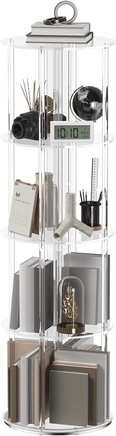 Acrylic Rotating Bookshelf, 5 Tier Round Clear Bookcase with Metal Base, 360 Spinning Bookshelf for Living Room, Bedroom, Corner, Floor Standing, 15.7" D x 15.7" W x 54.1" H