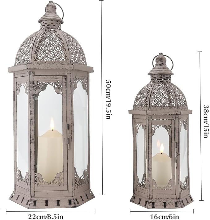 JHY DESIGN Set of 2 Decorative Candle Lanterns 22"&17" H Vintage Metal Candle Holder for Garden Indoor Outdoor Parties Weddings Patio Home Decor(Grey with Black Brush)
