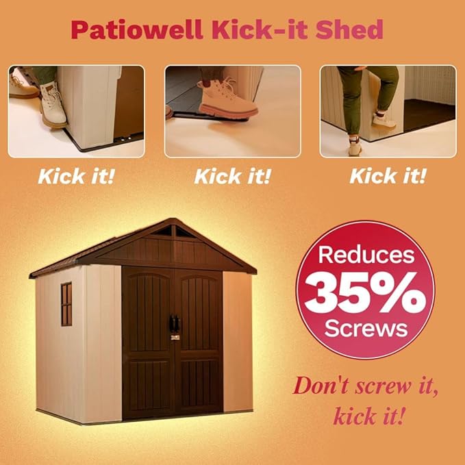 Patiowell 8x6 FT Outdoor Storage Shed, Plastic Shed Resin Garden Shed with Floor & Window & Lockable Door for Patio Furniture, Backyard Tools, Bicycles & Lawnmower, Beige