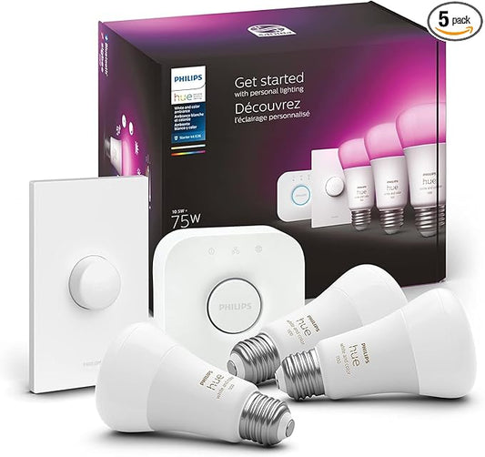 Philips Hue Smart Light Starter Kit - Includes (1) Bridge, (1) Smart Button and (3) Smart 75W A19 LED Bulbs - White and Color Ambiance - 1100LM - E26 - Control with Hue App or Voice Assistant
