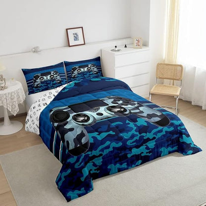 Gamer Comforter Set Camouflage Gaming Video Game Bedding Set for Kids Boys Children Blue Camo Gamer Console Comforter Soft Gamepad Decor Quilt Set Full Size