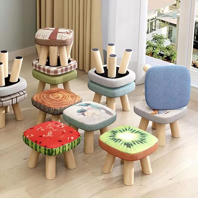 2Pcs Solid Wood Stool Home Square Low Stool Cute Children's Sofa Stool Chair Fashion Cartoon Creative Small Stool for Kids and Adult, Changing Stool Coffee Table Stool, Bear 330lb (Kiwi)