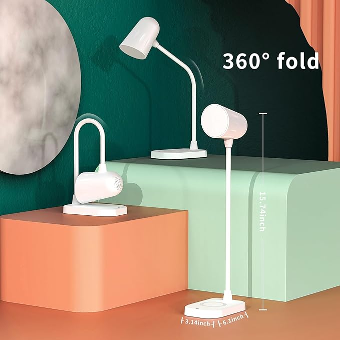 M2 Modern Desk Lamp with 10W Wireless Charging, Bluetooth Speaker, Adjustable Multi-Angle Illumination, 3 Light Color Modes, Dimmable Brightness - Perfect for Office Desk or Bedroom Nightstand(White)