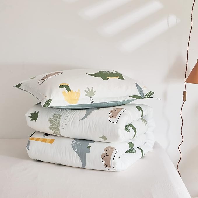 Joyreap Dinosaur Kids Cotton Comforter Set for Boys Girls, Full/Queen Size 3pcs Cotton Bedding Comforter, Fresh Green Dinosaurs on White Design, Skin-friendly Breathable for All Season- 88x88 inches