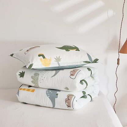Joyreap Dinosaur Kids Cotton Comforter Set for Boys Girls, Full/Queen Size 3pcs Cotton Bedding Comforter, Fresh Green Dinosaurs on White Design, Skin-friendly Breathable for All Season- 88x88 inches