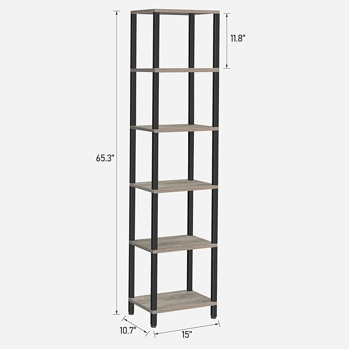 TUTOTAK Bookshelf, 6-Tier Tall Book Shelf, Narrow Bookcase for Small Space, DIY Stackable Bookshelf, for Living Room, Office, Study, Entryway, Industrial, Greige and Black BS01BG006