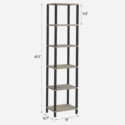 TUTOTAK Bookshelf, 6-Tier Tall Book Shelf, Narrow Bookcase for Small Space, DIY Stackable Bookshelf, for Living Room, Office, Study, Entryway, Industrial, Greige and Black BS01BG006