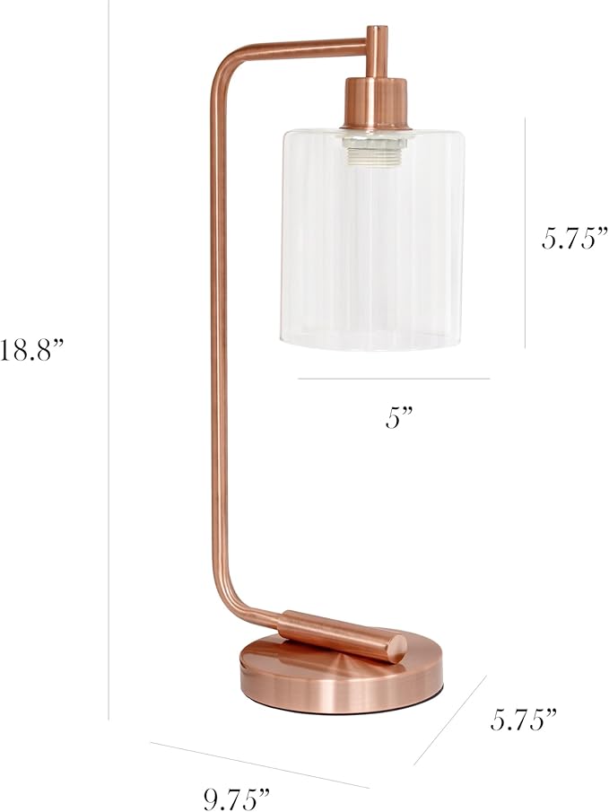 Simple Designs LD1036-RGD-LB 18.8" Industrial Bronson Antique Style Iron Lantern Desk Table Lamp with Glass Shade for Home Décor, Office, Living Room, Bedroom, Rose Gold, with Feit LED Bulb Included