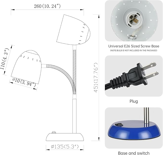 Eye-Caring Table Lamp of Simple Designs Home E26 Led Screw Basic Metal Desk Lamp with Flexible Gooseneck Hose Neck Study Lamp for Bedroom Office Living Room Convenient On/Off Switch (Dark blue)