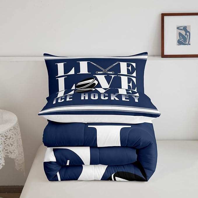 Ice Hockey Bedding Set Full Size Ice Sports Games Comforter Set for Kids Boys Girls Decor Hockey Player Comforter Microfiber Puck Hockey Duvet Set Bedroom Quilt Set
