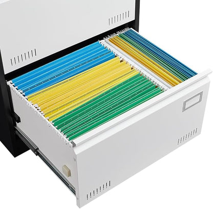 2 Drawer Metal Lateral Lock and Card Holder,Office Vertical Files Storage Cabinets w/Heavy 3 Section Slide Rail & Breathable Holes,for Legal/Letter/A4,Black+White