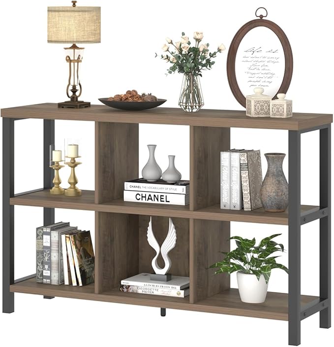 FOLUBAN 6 Cube Storage Organizer with Shelf, Industrial Horizontal Bookshelf, Low Cubby Bookcase for Living Room Bedroom, 47 Inch Oak