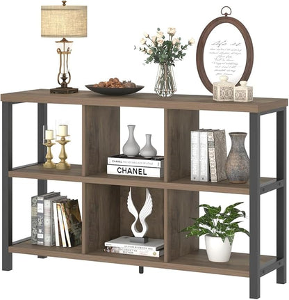 FOLUBAN 6 Cube Storage Organizer with Shelf, Industrial Horizontal Bookshelf, Low Cubby Bookcase for Living Room Bedroom, 47 Inch Oak