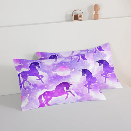 HOSIMA Purple Unicorn Twin Bedding Sets for Girls Kids,3 Piece Soft Microfiber Galaxy Comforter Princess Crib Bedding Set Unicorn Bedroom Decor for Girls Room,Planet Cloud Twin Bed in a Bag.