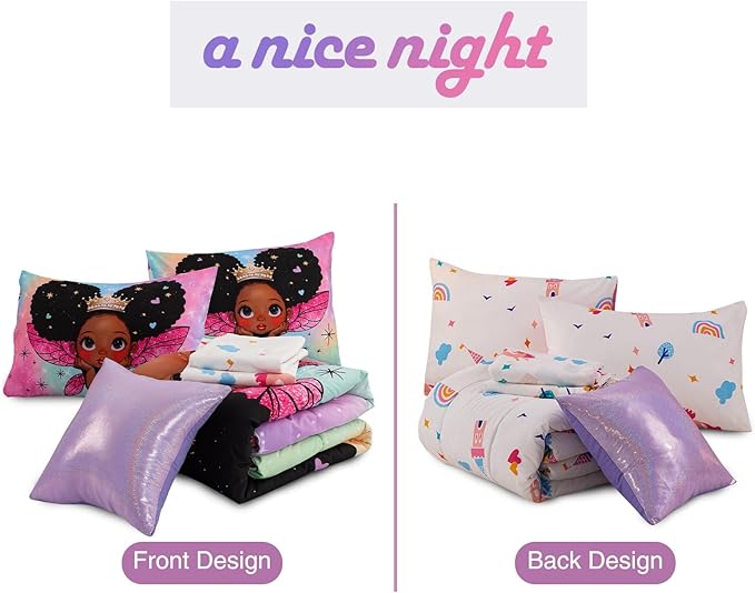 A Nice Night Black Girl Princess with Wings Comforter Set,Pink Gradient Glitter Rainbow Galaxy 6pcs Kids Bedding Set,Twin