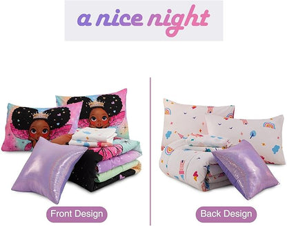 A Nice Night Black Girl Princess with Wings Comforter Set,Pink Gradient Glitter Rainbow Galaxy 6pcs Kids Bedding Set,Twin
