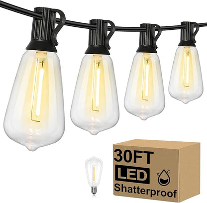 Brightever 30FT LED Outdoor String Light with 16 ST38 Vintage Edison Shatterproof Bulbs, Commercial Grade Patio Lights Connectable, Waterproof Hanging Lights for Balcony, Backyard, Warm White