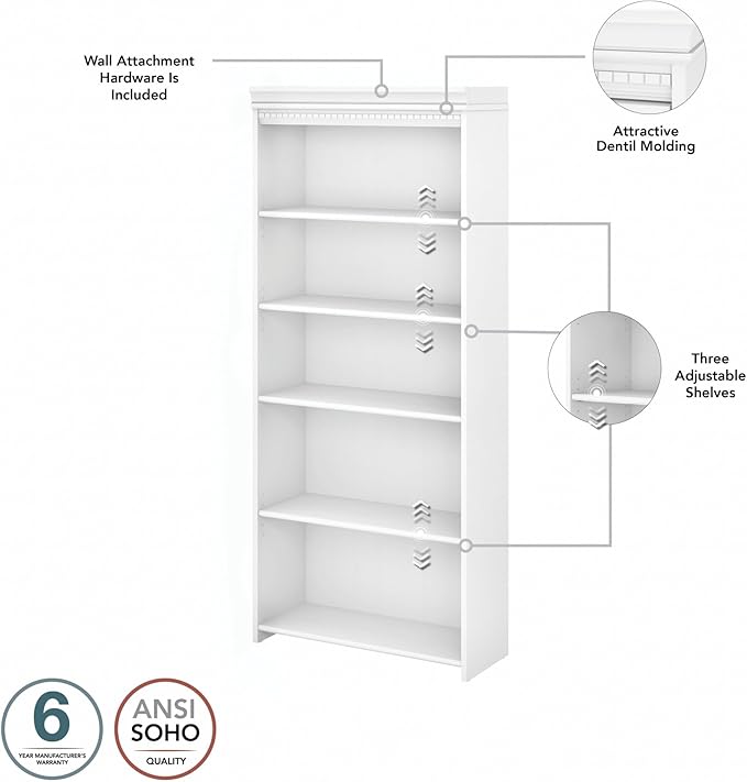 Bush Furniture Fairview Tall 5 Shelf Bookcase in Pure White and Shiplap Gray
