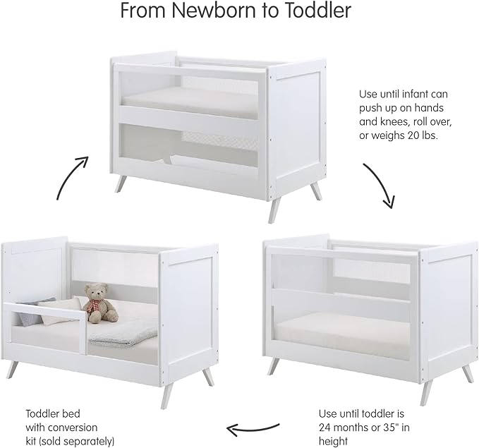 BreathableBaby Breathable Mesh 3-in-1 Convertible Crib (Toddler Bed Kit Sold Separately) — White — Two Adjustable Mattress Heights — Greenguard Gold Certified