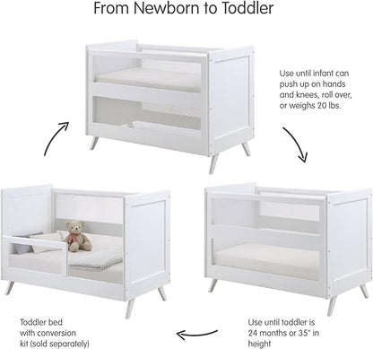BreathableBaby Breathable Mesh 3-in-1 Convertible Crib (Toddler Bed Kit Sold Separately) — White — Two Adjustable Mattress Heights — Greenguard Gold Certified