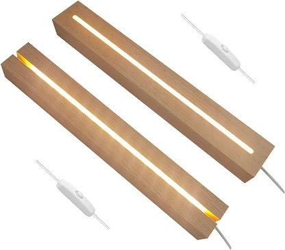 2Pcs 11.8" Rectangle Wooden Display Stand, Warm Light Wooden Lighted Base Wood Rectangle Led Display Pedestal Wood Night LED Light Lamp Base for Crystal Glass Resin Art