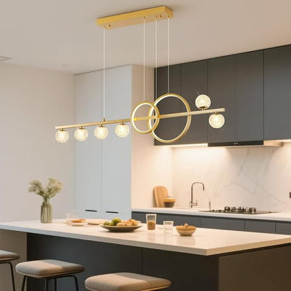 ORANOOR Modern Gold Chandeliers Pendant Light, 47in Dimmable LED Chandelier | Linear Gold Pendant Light for Kitchen Island Dining Room, 6 Globe Hanging Pendant Chandelier Lighting Fixture, 2 Rings 4200lm