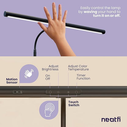 Neatfi LED Desk Lamp with Clamp and Base, Motion Sensor, Touch Control, 1100 Lumens, 5 Brightness Levels, 5 Light Modes, Steplessly Adjustable, 60-min Timer, Ideal for Home, Study, Reading (Black)