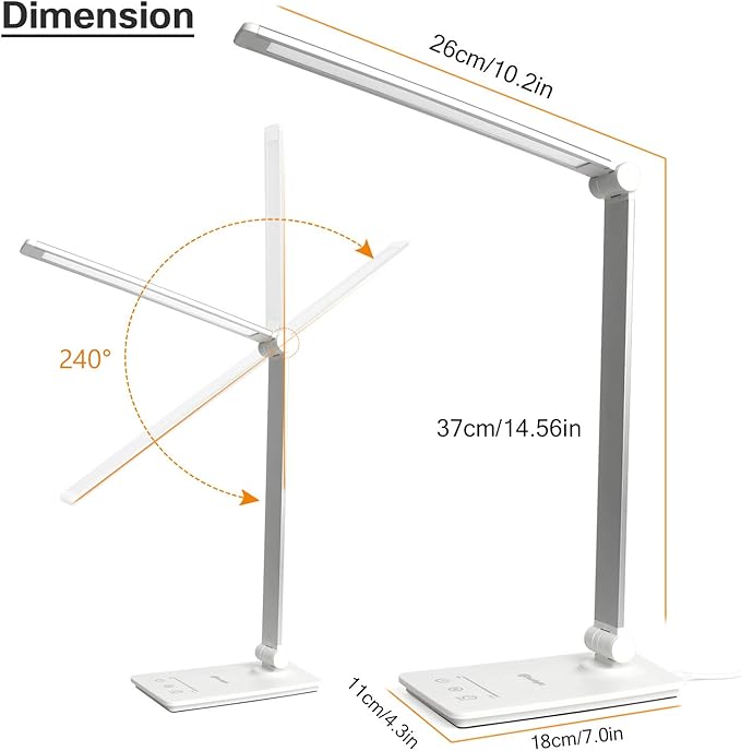 Desk Lamp, Desk Light, Dimmable Table Lamp, 7W, 5 Color Modes, 6 Brightness Levels, Touch Control, Memory Function, LED Foldable Led Lamp for Reading, Working, Office, Study (Silver)