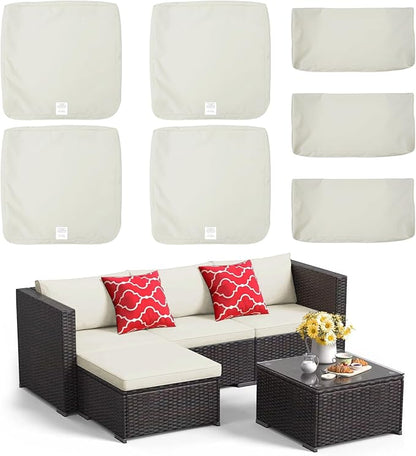 ClawsCover 7Pack Outdoor Seat and Back Cushions Replacement Covers Fit for 3/5 Pieces 4-Seater Wicker Rattan Patio Furniture Conversation Set Sectional Couch,Cream-Small (Include Cover Only)