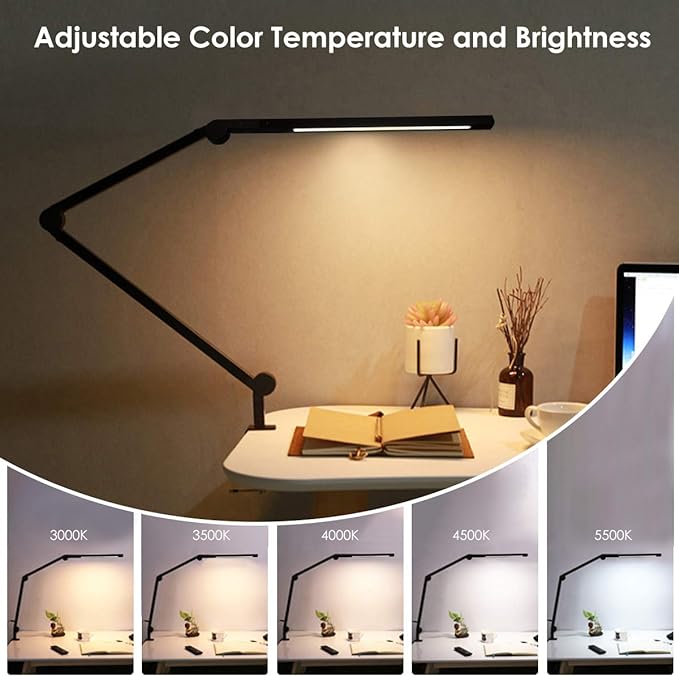 Desk Lamp with Clamp | Swing Arm Desk Light | Eye Caring Table Lamp, Dimmable, 5 Color Modes, Memory, Timer | Modern Architect Desk Lamps for Home Office Study Work Task Drafting Workbench