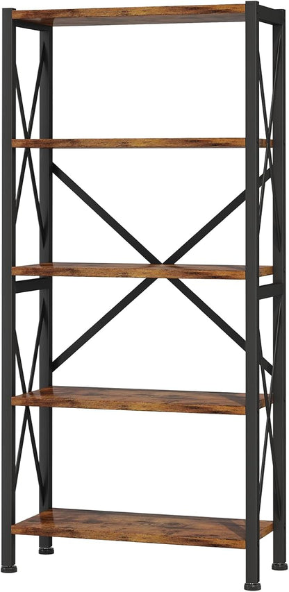 5-Tier Bookshelf,Wood Bookcase,Book Shelf with Steel Frame, Storage Rack with Open Shelves, Rustic Standing Bookshelves Ladder Shelf 110lbs/shelf for Bedroom,Living Room and Home Office