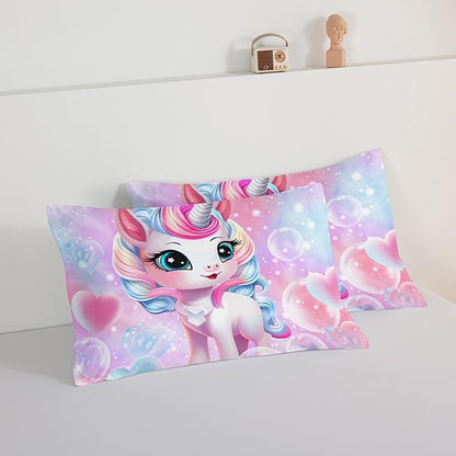 HOSIMA Unicorn Twin Bedding Sets for Girls Teens,Cartoon Kawaii Unicorn Comforter Bubble and Love Heart Bedding Set,Fantasy Unicorn Bedroom Decor for Girls Pink Purple Comforter with 2 Pillowcases.