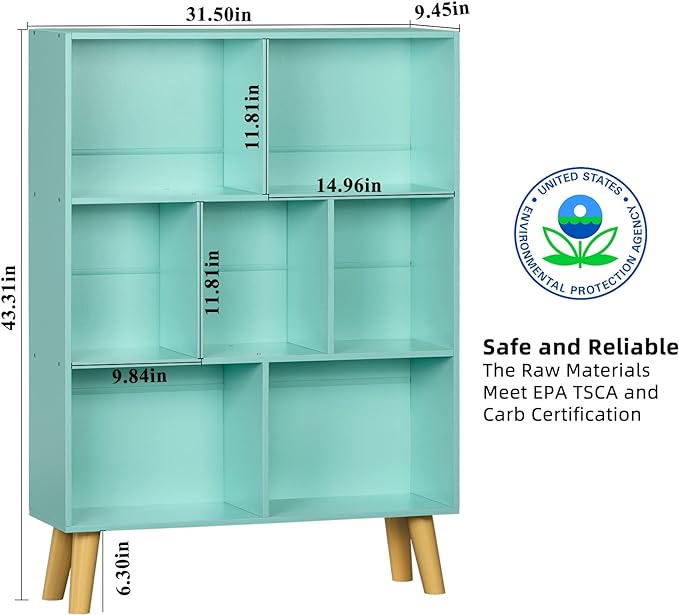 LEYAOYAO 7 Cube Bookshelf 3-Tier Bookcase with Legs, Mint-Green Kids Book Shelf Cute Storage Organizer, Toy Shelves Bookshelves,Wood Display Bookcases