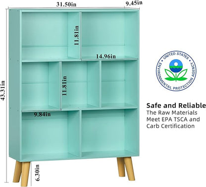 LEYAOYAO 7 Cube Bookshelf 3-Tier Bookcase with Legs, Mint-Green Kids Book Shelf Cute Storage Organizer, Toy Shelves Bookshelves,Wood Display Bookcases