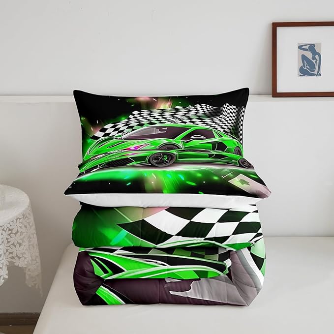 Feelyou Race Car Bedding Set Full Size,Boys Extreme Sports Comforter Set for Kids Boys Car Racing Gifts,Green Cool Car Comforter Car Sports Quilt Set 1 Comforter with 2 Pillowcase Car Racing Gifts
