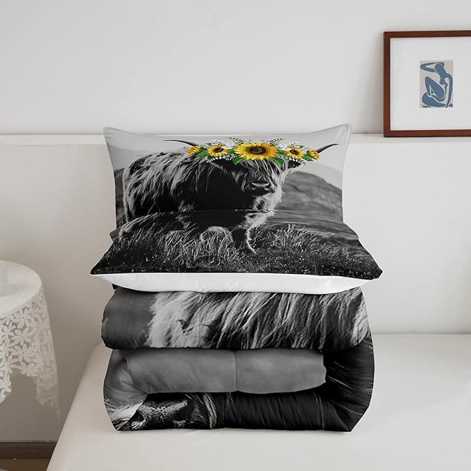 Highland Cow Comforter Set Adult Women Sunflower Cow Print Down Comforter Full Size for Boy Men Bull Cattle with Grey Fur Quilted Duvet Bedroom Decorative Wildlife Farmhouse Cow Bedding Comforters