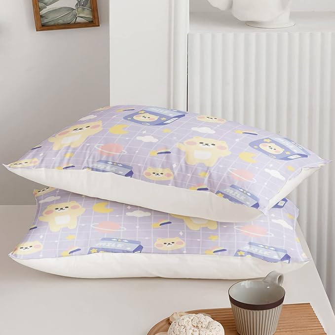 Bear Comforter King Size,Kawaii Comforter Set for Kids Teens Girls,3Pcs Bedding Set Printed Comforter with 2 Pillowcases,Down Alternative,Soft and Lightweight(Purple，King Size)
