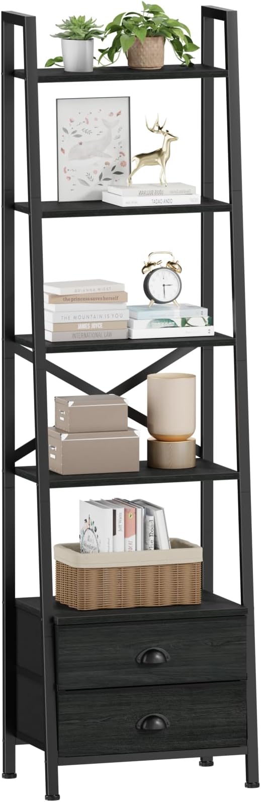 Furologee 5-Tier Ladder Shelf with 2 Drawers,Narrow Bookshelf Storage Shelves,Industrial Bookcase Freestanding Shelf Units for Bedroom,Living Room,Bathroom,Home Office,Balcony,Wood Metal, Black Oak