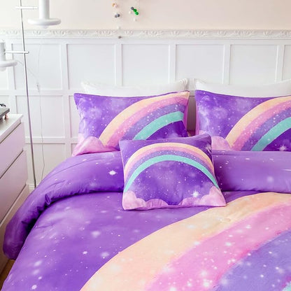 6 Pcs Kids Comforter Set Queen Size for Girls, 3D Colorful Rainbow Galaxy Bed in A Bag, Gradient Purple Glitter Bedding Comforter Collection for All Season