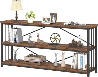 IBF Low Rustic 3 Tier Bookshelf, Industrial Horizontal Wood Bookcase, Farmhouse Long Wide Open Metal Etagere, Modern Large Vintage Book Shelf for Home Office Bedroom Living Room, Rustic Brown, 63 Inch