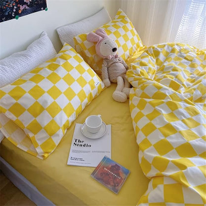 Wellboo Yellow White Plaid Comforter Sets Queen Women Men Yellow and White Checkerboard Grid Bedding Comforters Cotton Boys Girls Modern Bright Yellow Checkered Geometric Quilts Luxury Abstract Bed