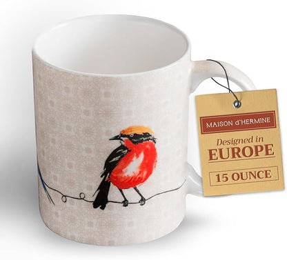 Maison d' Hermine Coffee Mug with Handles Tea Cups (15 Ounce, Pack of 1) | Fine Bone China Coffee Mugs for Hot Beverages Cappuccino Latte Home Restaurant Spring Summer -Birdies on Wire - Nuthatch