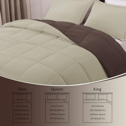 Basic Beyond Queen Comforter Set - Fluffy Comforter Queen Set for All Seasons - Reversible Comforter Set Queen Size for Mens - 3 Pieces (1 Comforter + 2 Pillow Shams) - Brown/Ivory