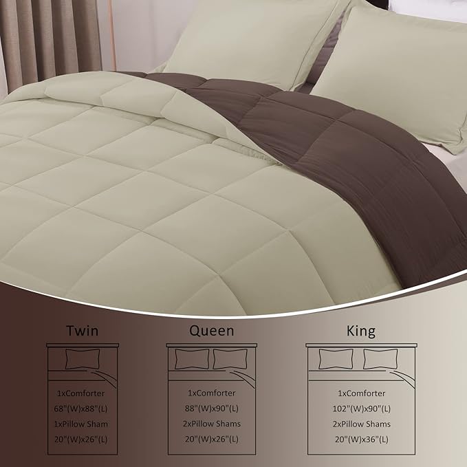 Basic Beyond King Size Comforter Set - Fluffy King Bed Comforter Set for All Seasons - Reversible Bedding King Size Comforter Set - 3 Pieces (1 Comforter + 2 Pillow Shams) - Brown/Ivory