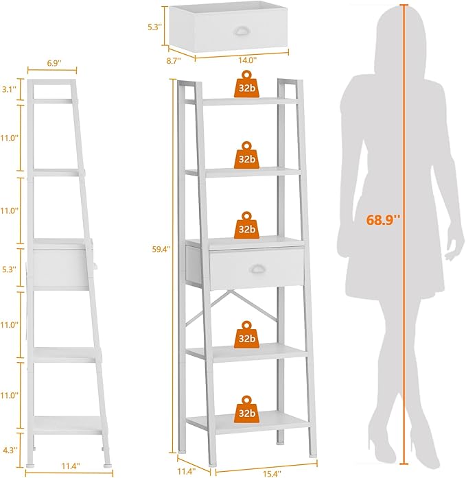 Furologee 5 Tier BookShelf, Ladder Shelf with Drawer, Tall Bookcase Corner Shelf, Narrow Shelf Industrial Display Standing Units for Home Office, Living Room, Bedroom, Kitchen, White