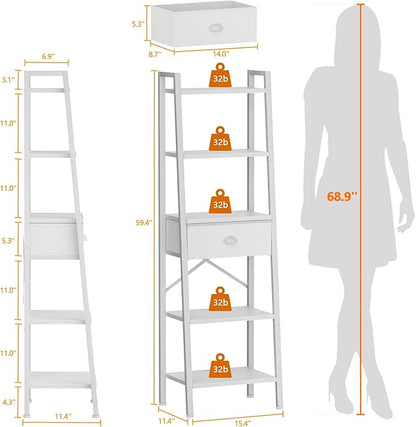 Furologee 5 Tier BookShelf, Ladder Shelf with Drawer, Tall Bookcase Corner Shelf, Narrow Shelf Industrial Display Standing Units for Home Office, Living Room, Bedroom, Kitchen, White