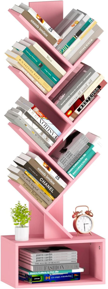 Yoobure Tree Bookshelf - 6 Shelf Retro Floor Standing Bookcase, Tall Wood Book Storage Rack for CDs/Movies/Books, Utility Book Organizer Shelves for Bedroom, Living Room, Home Office Pink