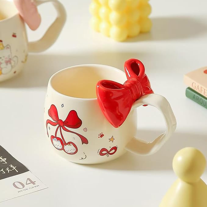 DTIUYIOP-Kawaii Red Bow Cherry Cat Ceramic Coffee Mug with 3D Red Bow and Bow Spoon, Large Curved Handle Cute Kitty Tea Cup, Coquette Aesthetic Gift for Women Girls Birthday Valentine’s Day Christmas