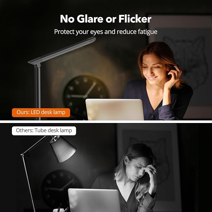LED Desk Lamp, Metal Desk Light 12W 550lm, Dimmable Touch Control Lamp with USB Charging Port, Eye-Caring Desk Light with 5 Color Modes with 7 Brightness Levels, for Home, Office, School, Black
